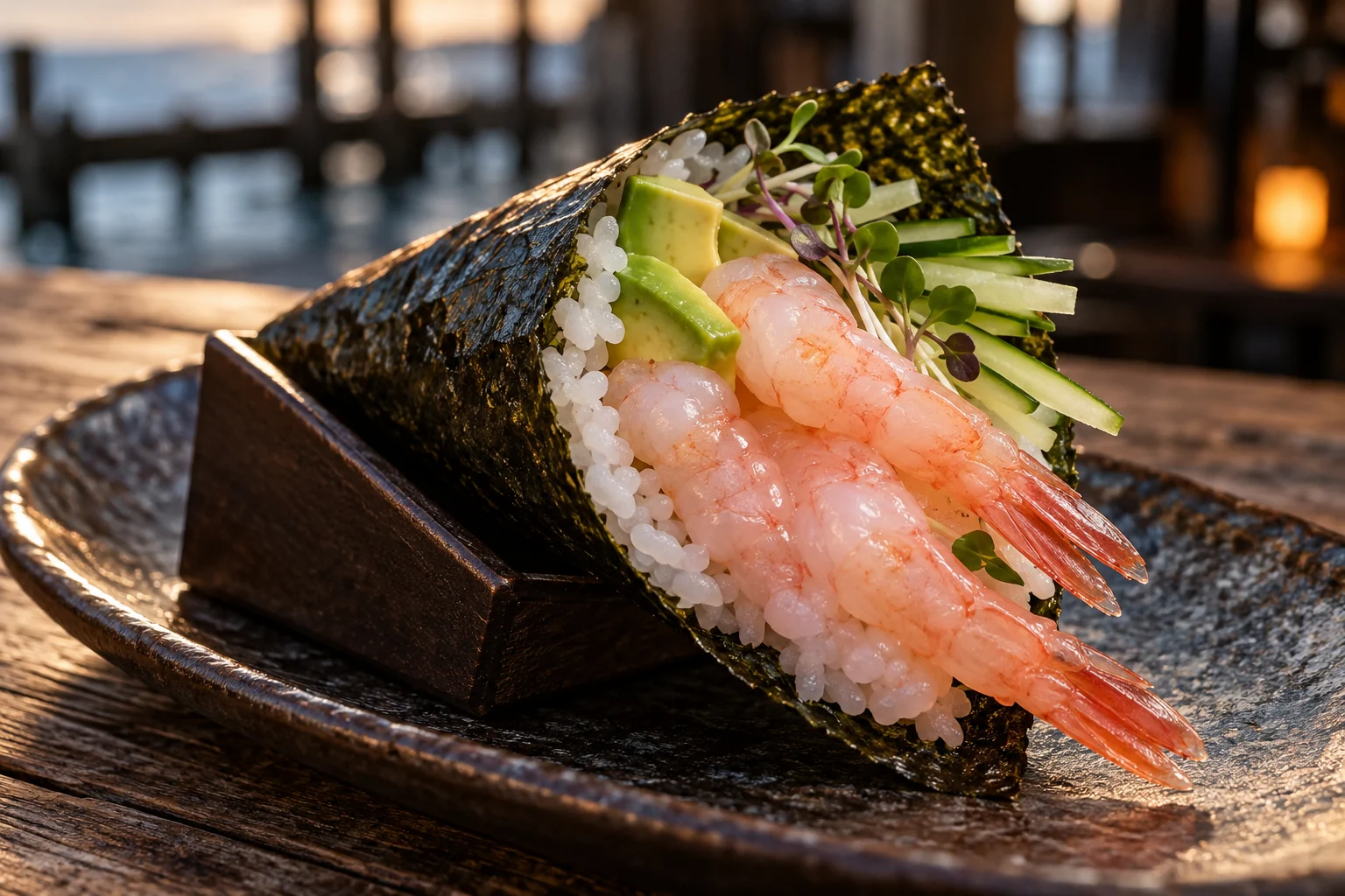 Sweet shrimp hand roll with avocado and crisp greens