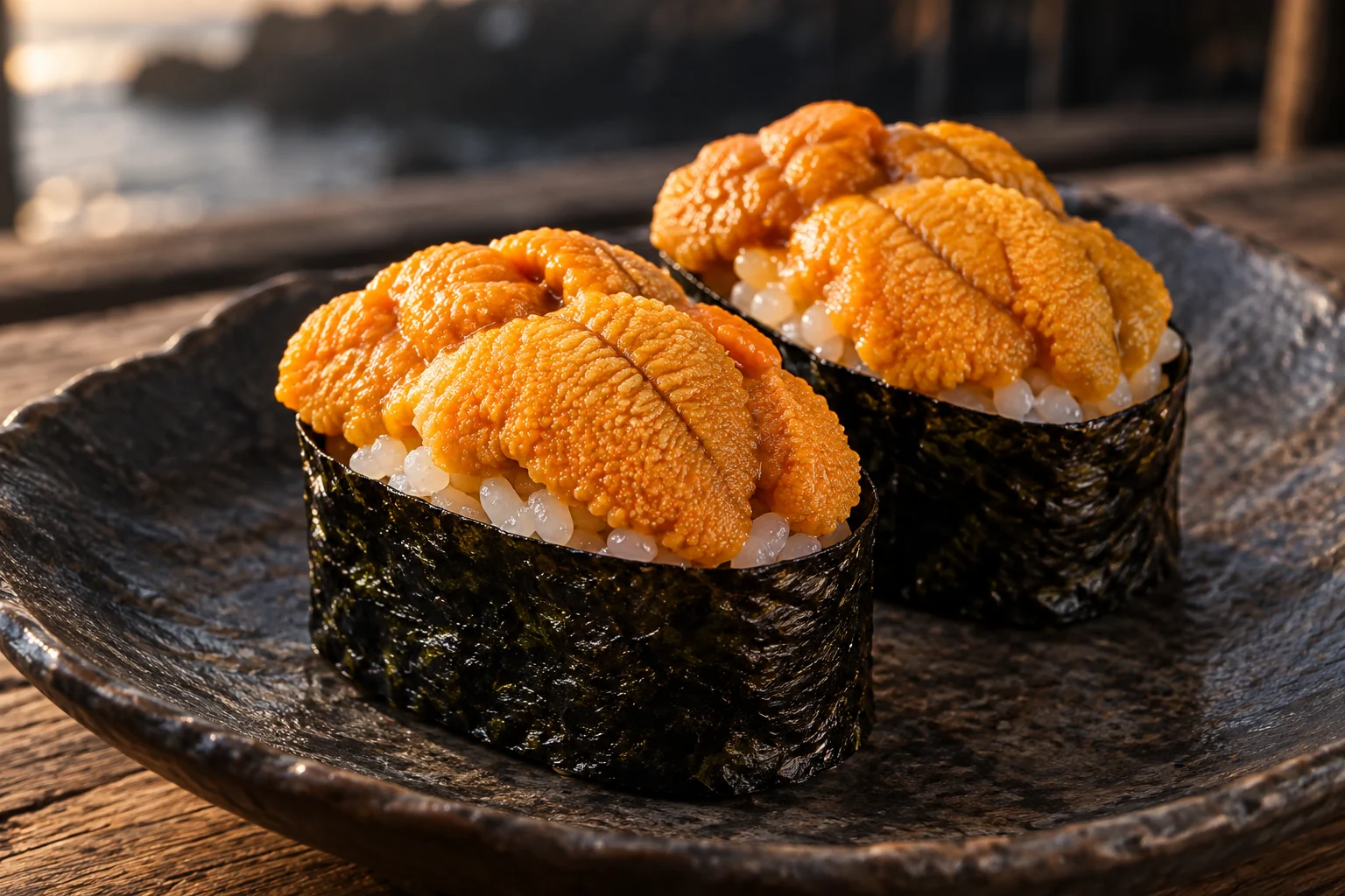 Two pieces of sea urchin nigiri wrapped in nori